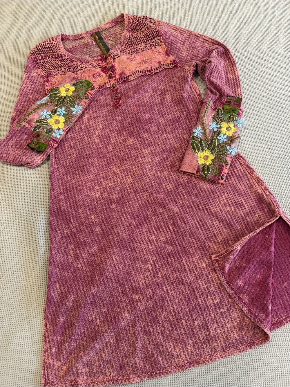 Embroidered Dusty Rose Long-Sleeve Knit Dress